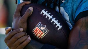Aug 13, 2026; Metairie, LA, USA; Detailed view of the NFL logo on the football during a joint scrimmage between the New Orleans Saints and the Jacksonville Jaguars during at Ochsner Sports Performance Center