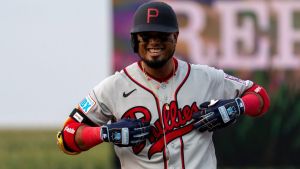 Philadelphia Phillies second baseman Luis Arraez (4) celebrates after getting on base Aug. 13, 2026 at the Field of Dreams in Dyersville, Iowa.
