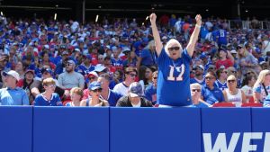Aug 15, 2026; Orchard Park, New York, USA; A Buffalo Bills fan cheers during the second half against the Carolina Panthers at New Highmark Stadium. Mandatory Credit: Gregory Fisher-Imagn Images