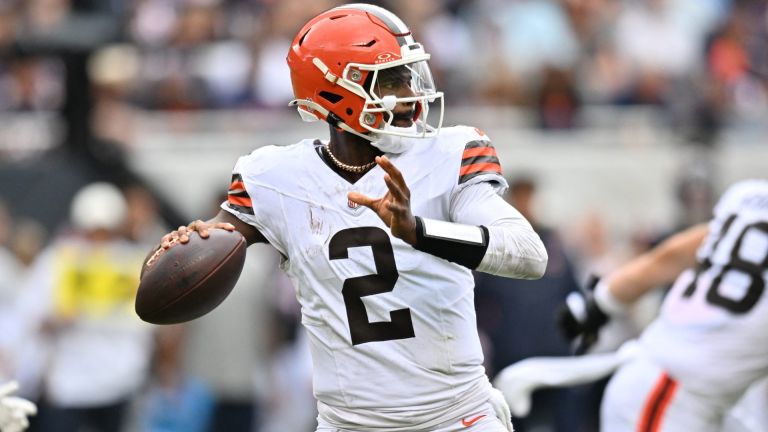 Aug 15, 2026; Chicago, Illinois, USA; Cleveland Browns quarterback Shedeur Sanders (2) passes the ball againnst the Chicago Bears during the second half at Soldier Field. Mandatory Credit: Patrick Gorski-Imagn Images
