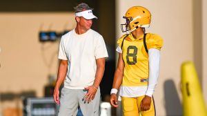 LSU Tigers head football coach Lane Kiffin talking with Quarterback Husan Longstreet 8 at LSU Football practice. August 18, 2026.