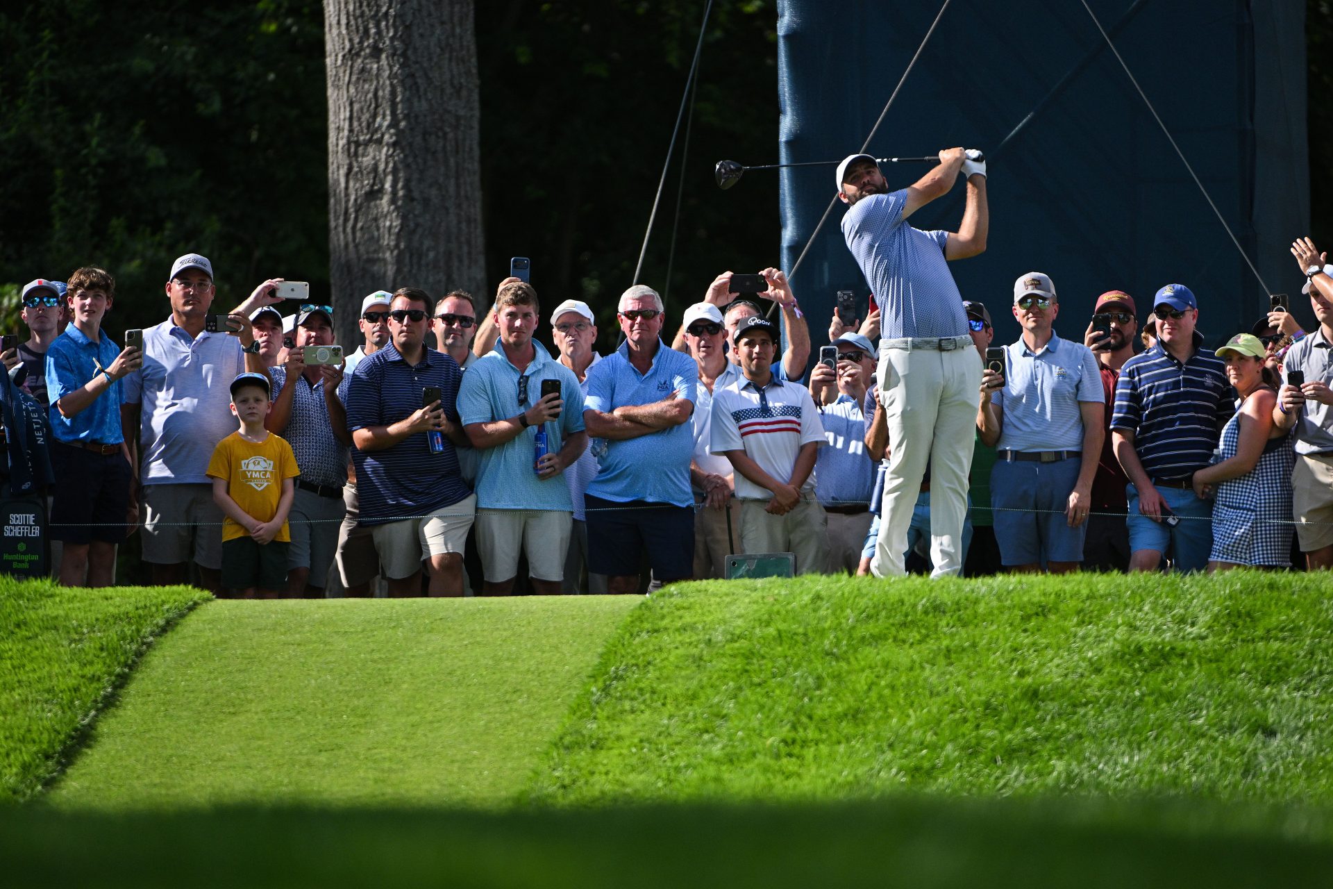 Aug 20, 2026; Saint Louis, Missouri, USA; Scottie Scheffler plays his shot on the fifteenth tee during the first round of the BMW Championship golf tournament
