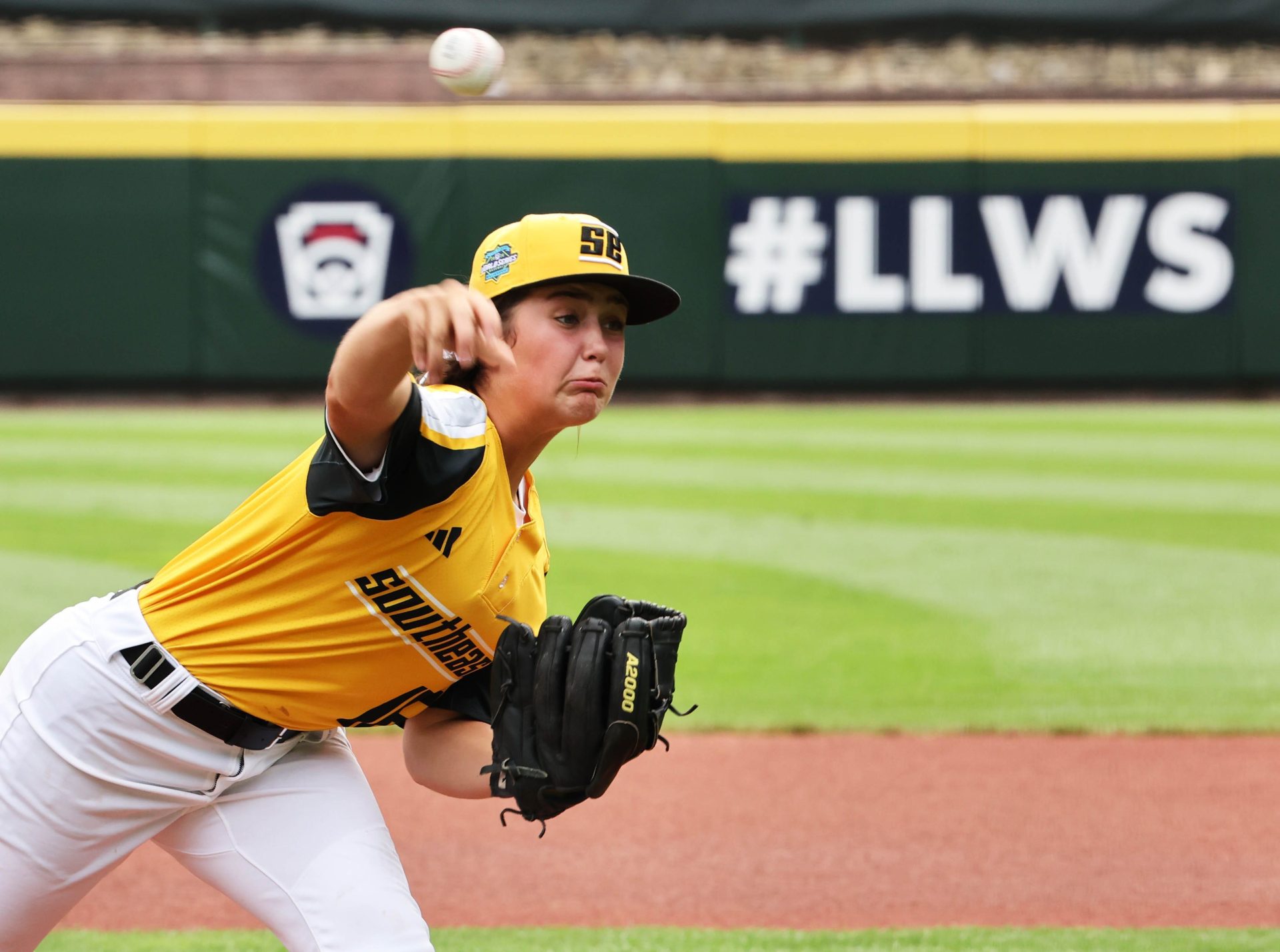 Pitcher Kinley Rasmus of Phenix, AL (Southeast Region) delivers a pitch to a batter for Tacoma, WA (Northwest Region) at the Little League Baseball World Series at Howard J. Lamade Stadium in South Williamsport, Pa on Aug.19, 2026.