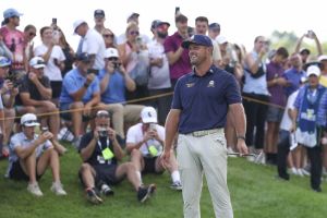 Aug 23, 2026; Westfield, Indiana, USA; Bryson DeChambeau reacts after missing a putt on hole one during the final round go the LIV Golf Indianapolis golf tournament at The Club at Chatham Hills.