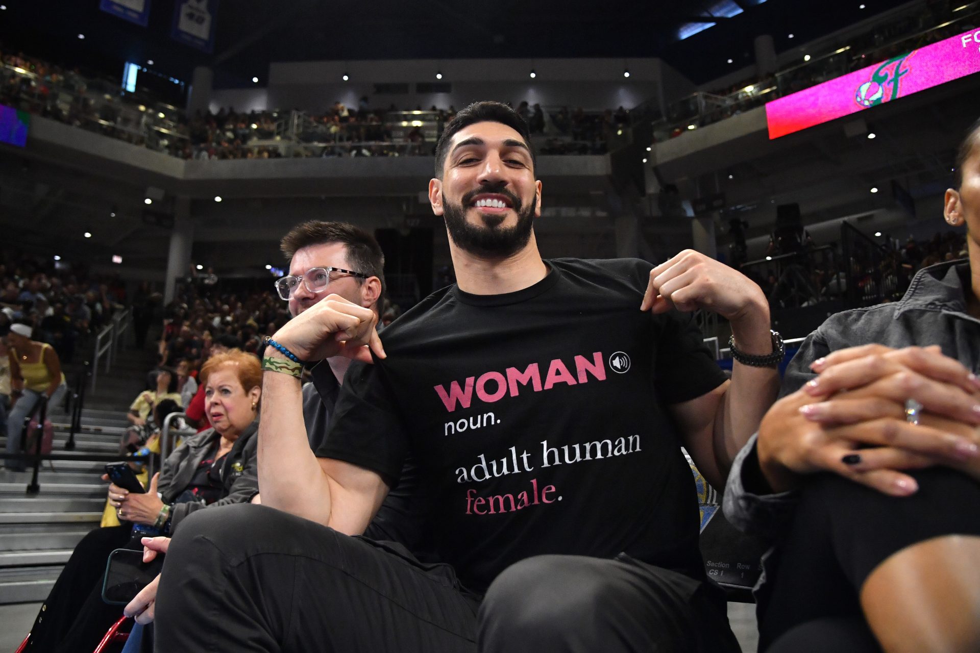Aug 23, 2026; Chicago, Illinois, USA; Turkish-American former basketball player and human rights activist Enes Kanter Freedom is seen prior to a game between the Indiana Fever and the Chicago Sky at Wintrust Arena.