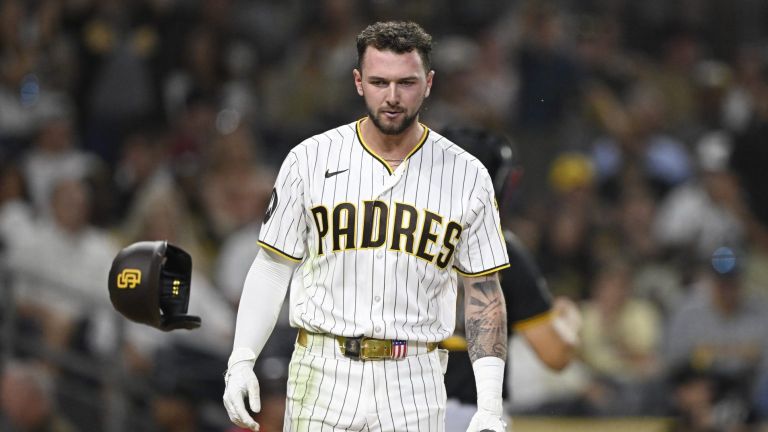 Aug 24, 2026; San Diego, California, USA; San Diego Padres center fielder Jackson Merrill (3) reacts after striking out during the eighth inning against the Pittsburgh Pirates at Petco Park.