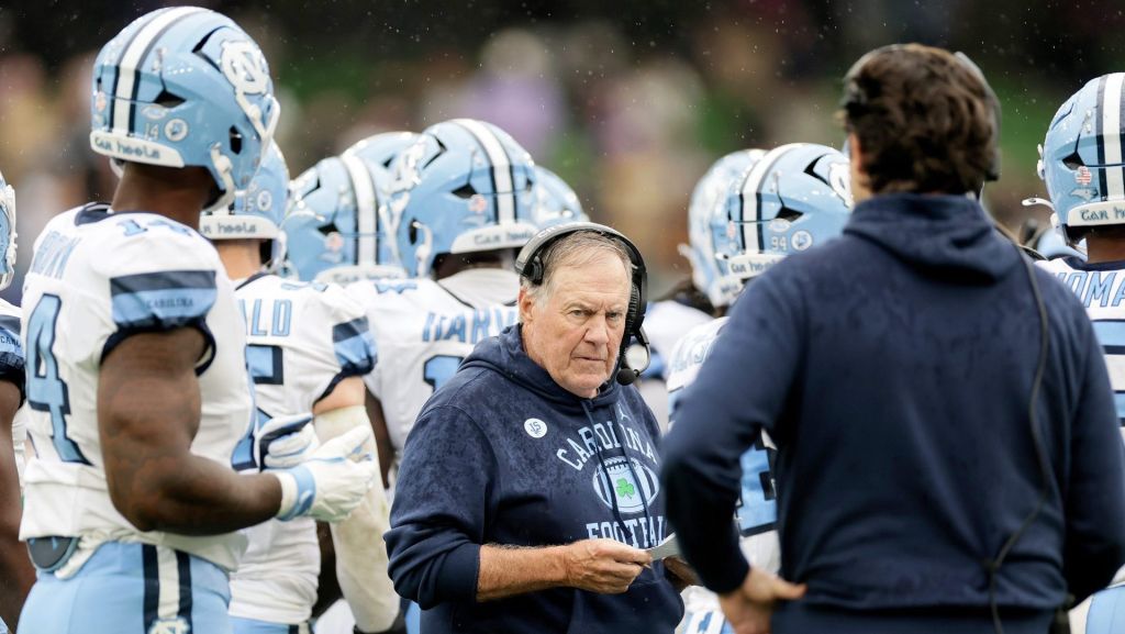 Aug 29, 2026; Dublin, Co. Dublin, IRL; North Carolina Tar Heels head coach Bill Belichick stands on the sidleline against the TCU Horned Frogs in the first half at Aviva Stadium. Mandatory Credit: Laszlo Geczo-Imagn Images