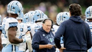 Aug 29, 2026; Dublin, Co. Dublin, IRL; North Carolina Tar Heels head coach Bill Belichick stands on the sidleline against the TCU Horned Frogs in the first half at Aviva Stadium. Mandatory Credit: Laszlo Geczo-Imagn Images
