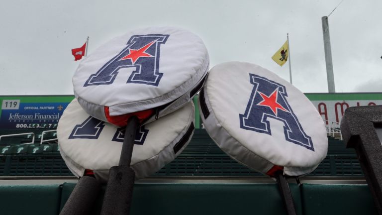 Nov 7, 2015; New Orleans, LA, USA; The American Athletic Conference logo at Yulman Stadium before the game between the Tulane Green Wave and the Connecticut Huskies. Mandatory Credit: Chuck Cook-USA TODAY Sports