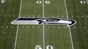 Aug 25, 2017; Seattle, WA, USA; General overall view of Seattle Seahawks logo at CenturyLink Field during a NFL football game against the Kansas City Chiefs. Mandatory Credit: Kirby Lee-USA TODAY Sports