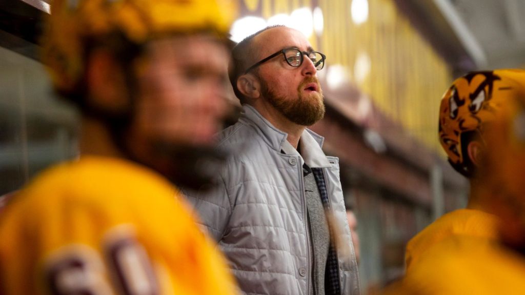 Arizona State Head Coach Greg Powers watches the season opener against Mercyhurst on Saturday, Oct. 5, 2019.