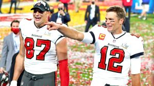 Feb 7, 2021; Tampa, FL, USA; Tampa Bay Buccaneers quarterback Tom Brady (12) and tight end Rob Gronkowski (87) celebrate after beating the Kansas City Chiefs in Super Bowl LV at Raymond James Stadium. Mandatory Credit: Mark J. Rebilas-USA TODAY Sports