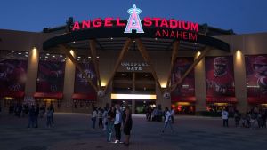 Sep 1, 2021; Anaheim, California, USA; A general overall view of the Angel Stadium exterior. Mandatory Credit: Kirby Lee-USA TODAY Sports