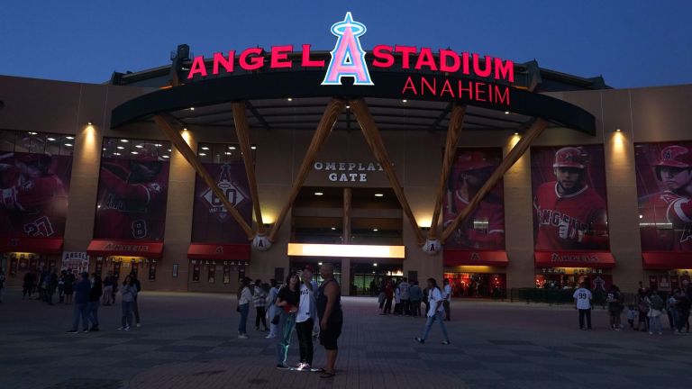 Sep 1, 2021; Anaheim, California, USA; A general overall view of the Angel Stadium exterior. Mandatory Credit: Kirby Lee-USA TODAY Sports