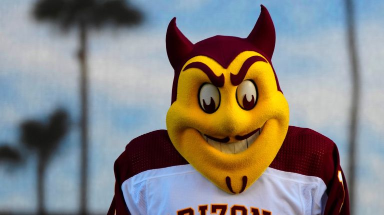 October 14, 2022; Tempe, Ariz; USA; ASU mascot Sparky during a ribbon cutting ceremony at Mullett Arena. Ncaa Hockey Asu Hockey Opening Night At Mullett Arena Colgate At Asu