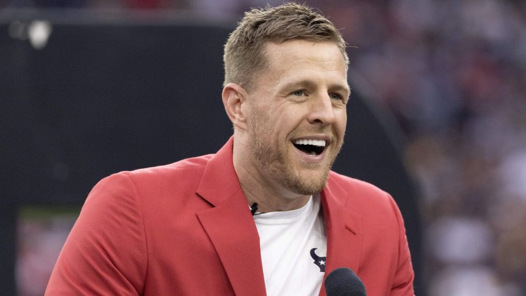 Oct 1, 2023; Houston, Texas, USA; Former Houston Texans JJ Watt speaks to the fans during his Ring Of Honor Ceremony at halftime during the game between the Texans and Pittsburgh Steelers at NRG Stadium. Mandatory Credit: Thomas Shea-USA TODAY Sports