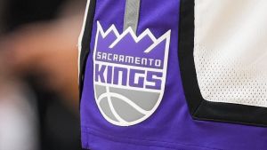Dec 29, 2023; Atlanta, Georgia, USA; The Sacramento Kings logo on the shorts of forward Domantas Sabonis (10) during the game against the Atlanta Hawks during the second half at State Farm Arena.