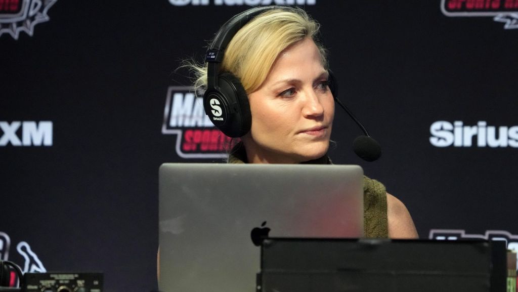 Feb 8, 2024; Las Vegas, NV, USA; Michelle Beadle on the Sirius XM Mad Dog Sports radio set at the Super Bowl 58 media center at the Mandalay Bay resort and casino. Mandatory Credit: Kirby Lee-USA TODAY Sports
