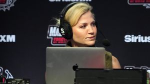 Feb 8, 2024; Las Vegas, NV, USA; Michelle Beadle on the Sirius XM Mad Dog Sports radio set at the Super Bowl 58 media center at the Mandalay Bay resort and casino. Mandatory Credit: Kirby Lee-USA TODAY Sports