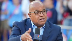 Jun 24, 2024; Eugene, OR, USA; NBC Sports broadcaster Mike Tirico during the US Olympic Team Trials at Hayward Field. Mandatory Credit: Kirby Lee-USA TODAY Sports