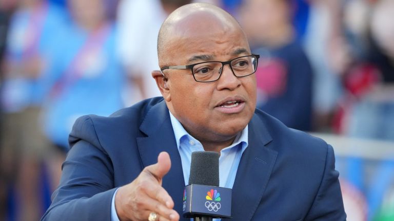 Jun 24, 2024; Eugene, OR, USA; NBC Sports broadcaster Mike Tirico during the US Olympic Team Trials at Hayward Field. Mandatory Credit: Kirby Lee-USA TODAY Sports