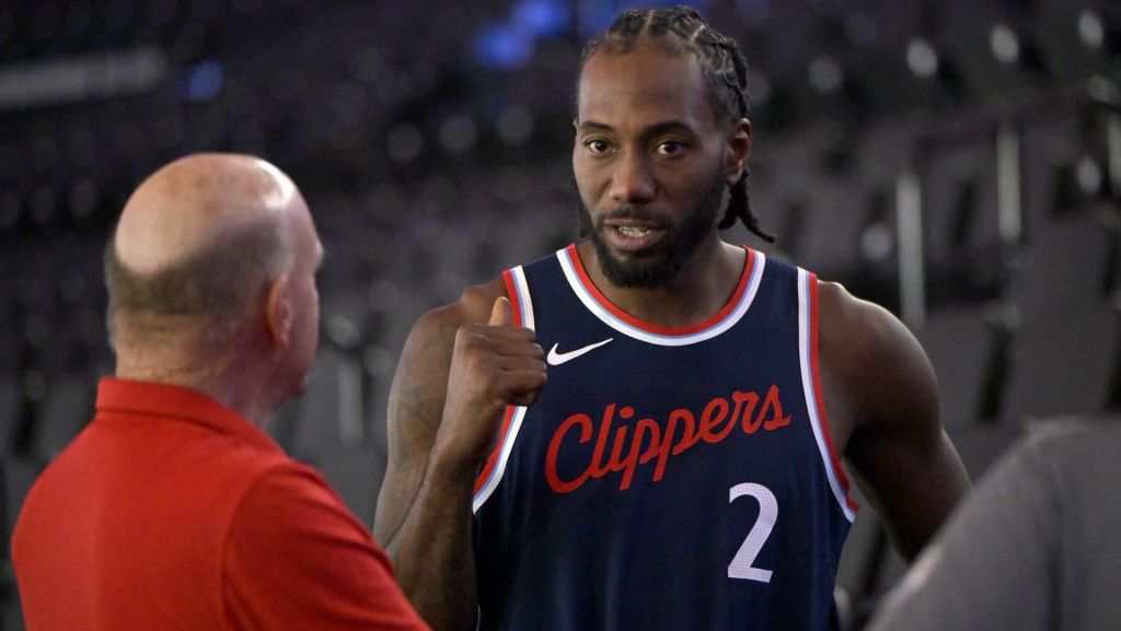 Sep 30, 2024; Inglewood, CA, USA; Los Angeles Clippers forward Kawhi Leonard (2) talks with team owner Steve Ballmer during media day at Intuit Dome. Mandatory Credit: Jayne Kamin-Oncea-Imagn Images