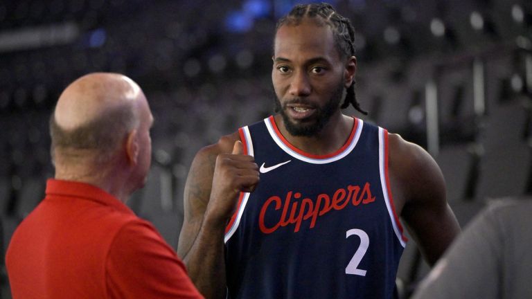 Sep 30, 2024; Inglewood, CA, USA; Los Angeles Clippers forward Kawhi Leonard (2) talks with team owner Steve Ballmer during media day at Intuit Dome. Mandatory Credit: Jayne Kamin-Oncea-Imagn Images