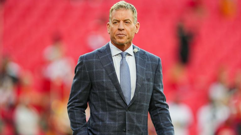 Oct 7, 2024; Kansas City, Missouri, USA; NFL hall of fame Troy Aikman prior to a game between the New Orleans Saints and the Kansas City Chiefs at GEHA Field at Arrowhead Stadium. Mandatory Credit: Jay Biggerstaff-Imagn Images