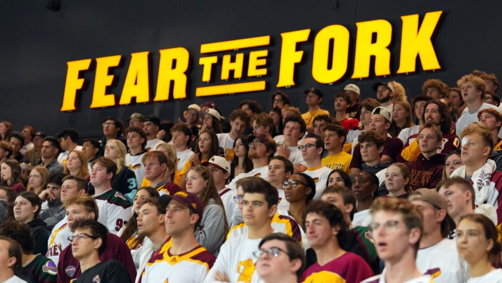 Oct 3, 2025; Tempe, AZ, USA; Arizona State Sun Devils fans look on against the Penn State Nittany Lions during the second period at Mullett Arena
