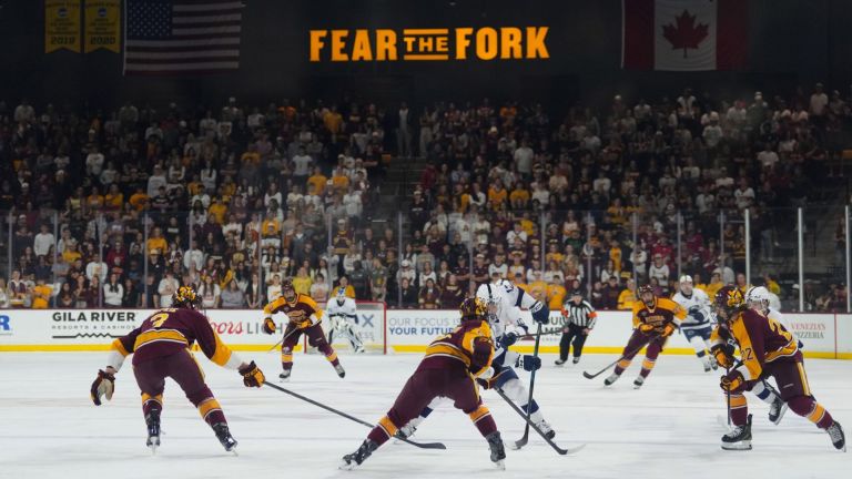 Oct 4, 2025; Tempe, AZ, USA; General action during the first period of the game between the Arizona State Sun Devils and the Penn State Nittany Lions at Mullett Arena