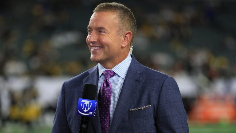 Oct 16, 2025; Cincinnati, Ohio, USA; Amazon Prime Thursday Night Football game analyst Kirk Herbstreit stands on the field during halftime of the game between the Pittsburgh Steelers and the Cincinnati Bengals at Paycor Stadium. Mandatory Credit: Katie Stratman-Imagn Images