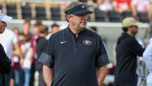 Nov 8, 2025; Starkville, Mississippi, USA; Georgia Bulldogs head coach Kirby Smart looks on before the game against the Mississippi State Bulldogs at Davis Wade Stadium at Scott Field. Mandatory Credit: Wesley Hale-Imagn Images