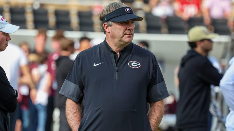Nov 8, 2025; Starkville, Mississippi, USA; Georgia Bulldogs head coach Kirby Smart looks on before the game against the Mississippi State Bulldogs at Davis Wade Stadium at Scott Field. Mandatory Credit: Wesley Hale-Imagn Images