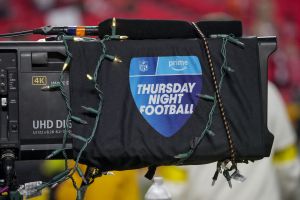 Dec 25, 2025; Kansas City, Missouri, USA; General view of the Amazon Prime Thursday Night Football logo at GEHA Field at Arrowhead Stadium.