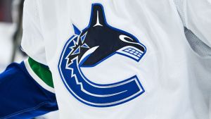 Jan 12, 2026; Montreal, Quebec, CAN; View of a Vancouver Canucks logo on a jersey worn by a member of the team during the second period at Bell Centre. Mandatory Credit: David Kirouac-Imagn Images