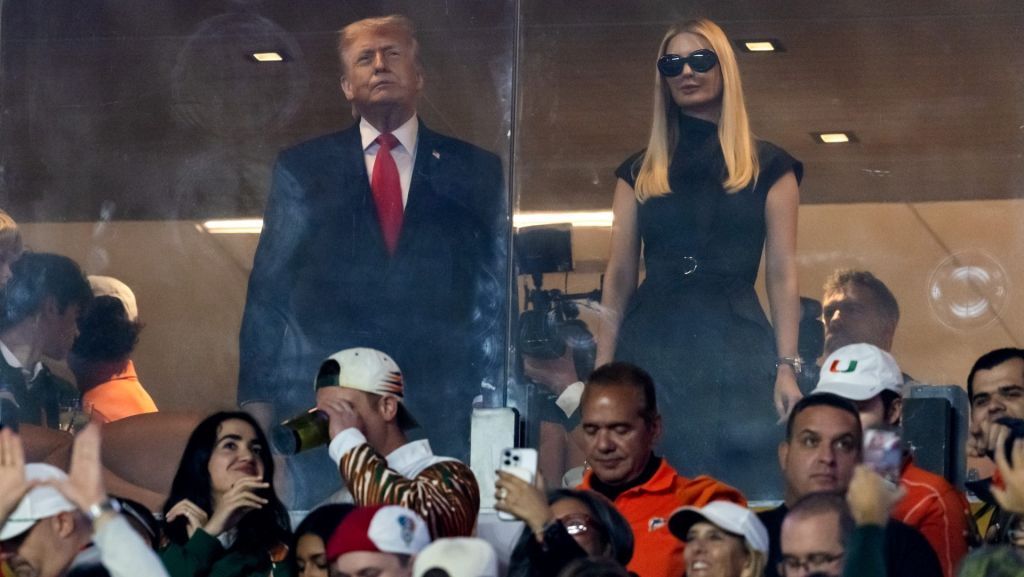 Jan 19, 2026; Miami Gardens, FL, USA; United States President Donald Trump (left) and Ivanka Trump (right) before the College Football Playoff National Championship game at Hard Rock Stadium. Mandatory Credit: Mark J. Rebilas-Imagn Images