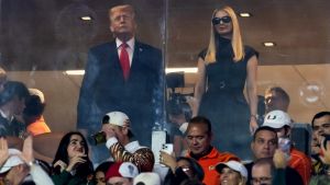 Jan 19, 2026; Miami Gardens, FL, USA; United States President Donald Trump (left) and Ivanka Trump (right) before the College Football Playoff National Championship game at Hard Rock Stadium. Mandatory Credit: Mark J. Rebilas-Imagn Images