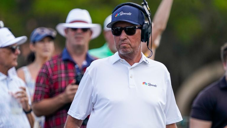 Mar 15, 2026; Ponte Vedra Beach, Florida, USA; NBC on-course reporter Jim “Bones” Mackay watches from the first tee during the final round of THE PLAYERS Championship golf tournament. Mandatory Credit: Jeff Romance-Imagn Images