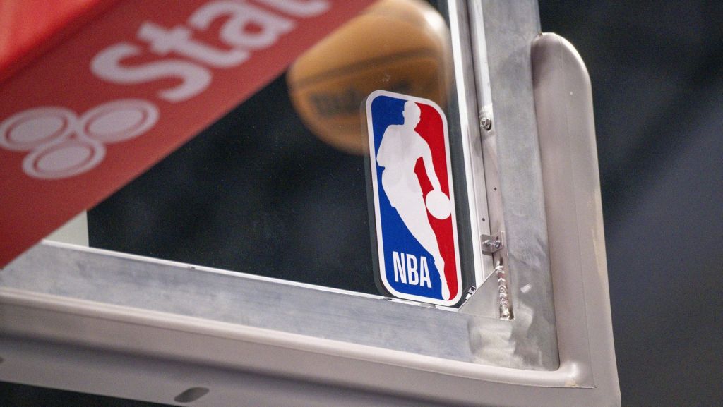 Feb 5, 2026; Dallas, Texas, USA; A view a Wilson NBA basketball and logo during the game between the Mavericks and the Spurs at the American Airlines Center. Mandatory Credit: Jerome Miron-Imagn Images