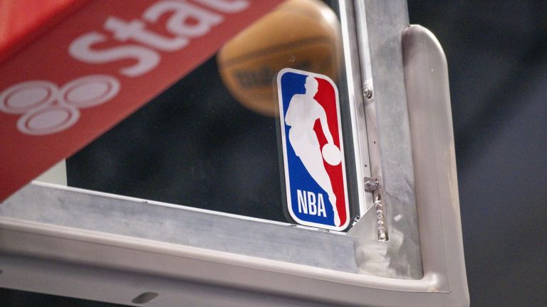 Feb 5, 2026; Dallas, Texas, USA; A view a Wilson NBA basketball and logo during the game between the Mavericks and the Spurs at the American Airlines Center. Mandatory Credit: Jerome Miron-Imagn Images