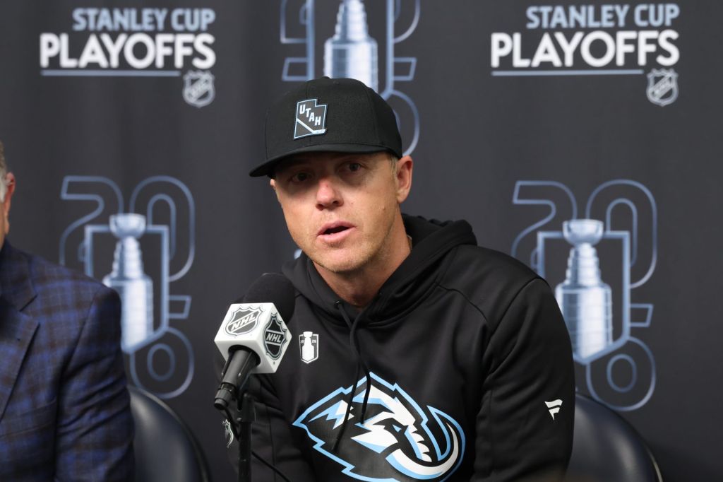 Apr 24, 2026; Salt Lake City, Utah, USA; Utah Mammoth owner Ryan Smith speaks to the media before game three of the first round of the 2026 Stanley Cup Playoffs between the Utah Mammoth and the Vegas Golden Knights at Delta Center.