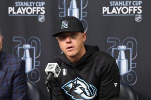 Apr 24, 2026; Salt Lake City, Utah, USA; Utah Mammoth owner Ryan Smith speaks to the media before game three of the first round of the 2026 Stanley Cup Playoffs between the Utah Mammoth and the Vegas Golden Knights at Delta Center.