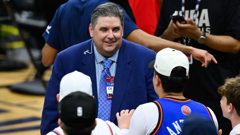 May 25, 2026; Cleveland, Ohio, USA; American sportswriter Brian Windhorst interacts with fans after game four of the eastern conference finals for the 2026 NBA playoffs between the New York Knicks and Cleveland Cavaliers at Rocket Arena. Mandatory Credit: David Richard-Imagn Images