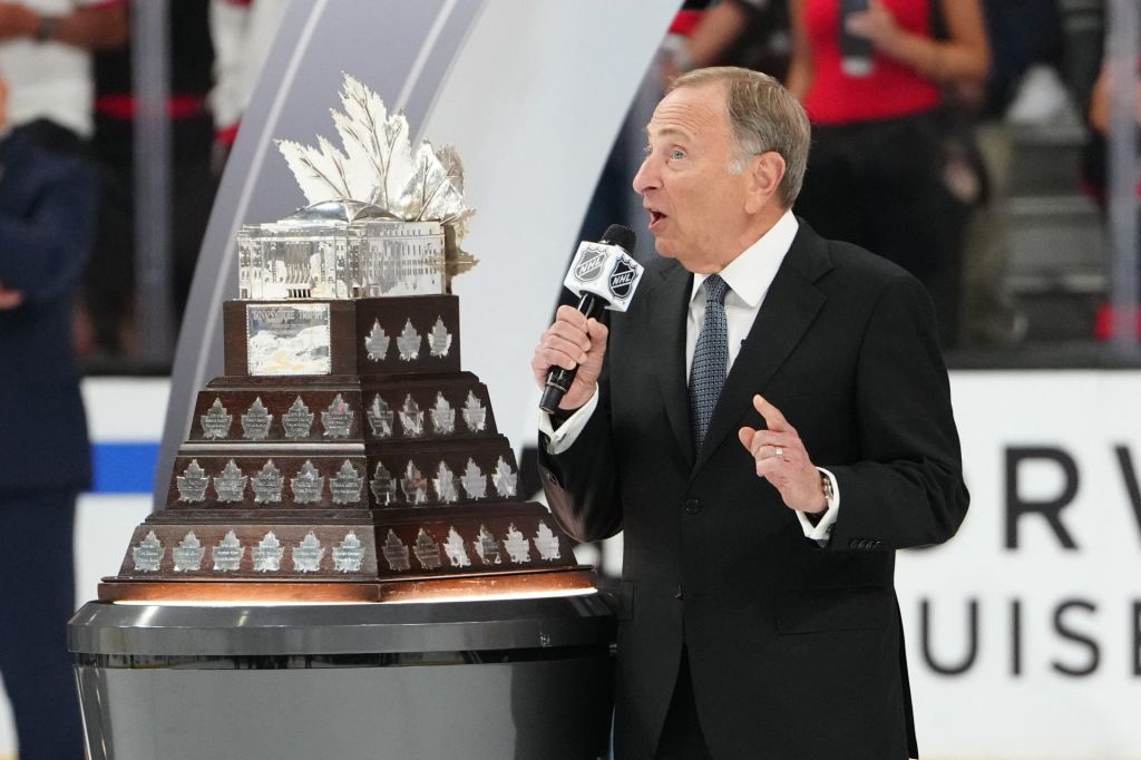 Jun 14, 2026; Las Vegas, Nevada, USA; Commisioner of the NHL Gary Bettman announces the winner of the the Conn Smythe Trophy Carolina Hurricanes center Jordan Staal (11) (not pictured) in game six of the 2026 Stanley Cup Final at T-Mobile Arena.