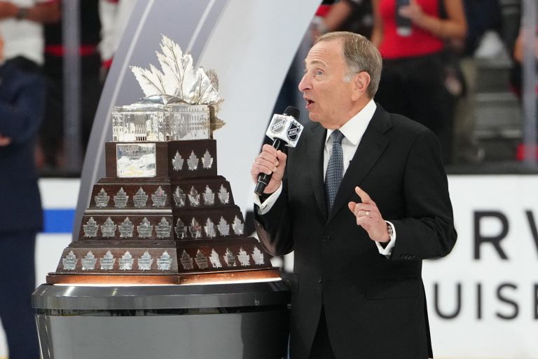 Jun 14, 2026; Las Vegas, Nevada, USA; Commisioner of the NHL Gary Bettman announces the winner of the the Conn Smythe Trophy Carolina Hurricanes center Jordan Staal (11) (not pictured) in game six of the 2026 Stanley Cup Final at T-Mobile Arena.