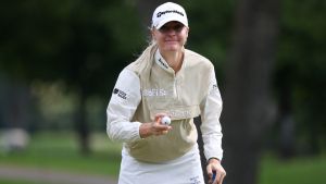 Jun 26, 2026; Chaska, Minnesota, USA; Charley Hull reacts to her putt on the third hole during the second round of the KPMG Women's PGA Championship golf tournament. Mandatory Credit: Matt Krohn-Imagn Images