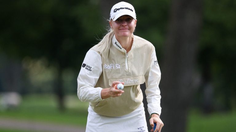 Jun 26, 2026; Chaska, Minnesota, USA; Charley Hull reacts to her putt on the third hole during the second round of the KPMG Women's PGA Championship golf tournament. Mandatory Credit: Matt Krohn-Imagn Images