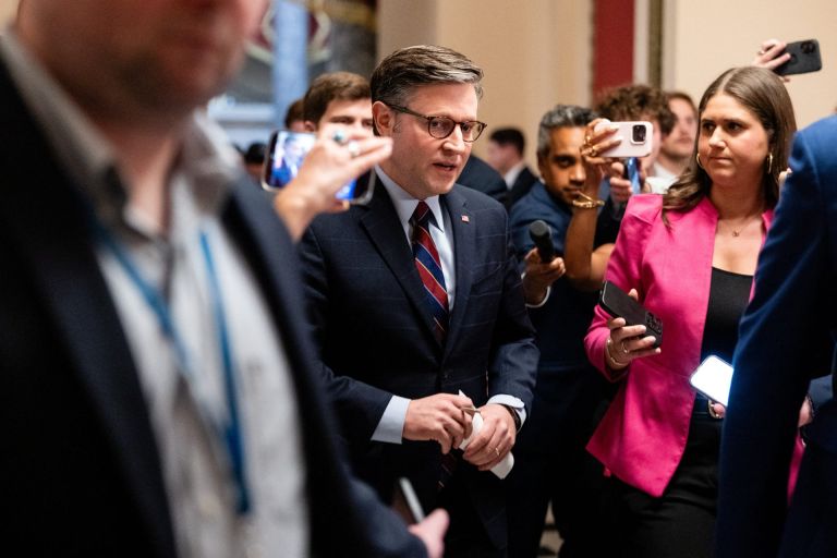 Speaker of the House of Representatives Mike Johnson (R-LA) talks with reporters as he arrives prior to the vote in the House of Representatives on its version of the fiscal 2027 National Defense Authorization Act, or NDAA, on Capitol Hill in Washington, D.C., U.S., July 22, 2026.
