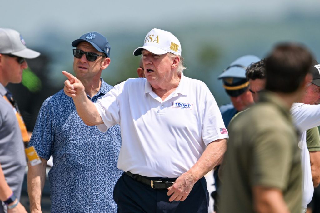 Aug 9, 2026; Bedminster, New Jersey, USA; President Donald Trump walks out of the clubhouse during the final round of the LIV Golf New York tournament at Trump National Bedminster.