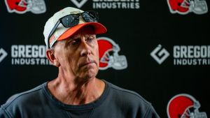 Cleveland Browns coach Todd Monken address the media during day 12 of training camp, Aug. 11, 2026, in Berea, Ohio.